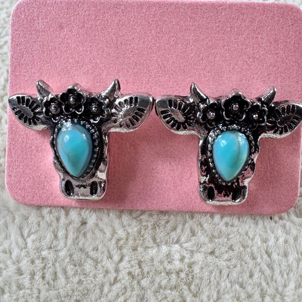 Silver and Faux Turquoise Steer Stud Earrings